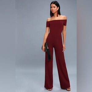 NWT Lulu’s Alleyoop Burgundy Off-the-Shoulder Jumpsuit Small